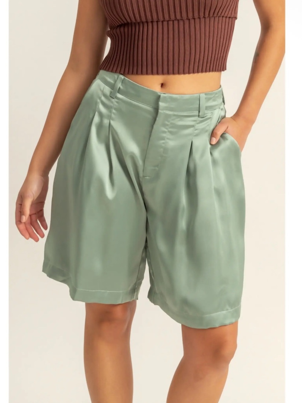 Double Zero- Satin High-Waist Womenโs Shorts in Sage Green